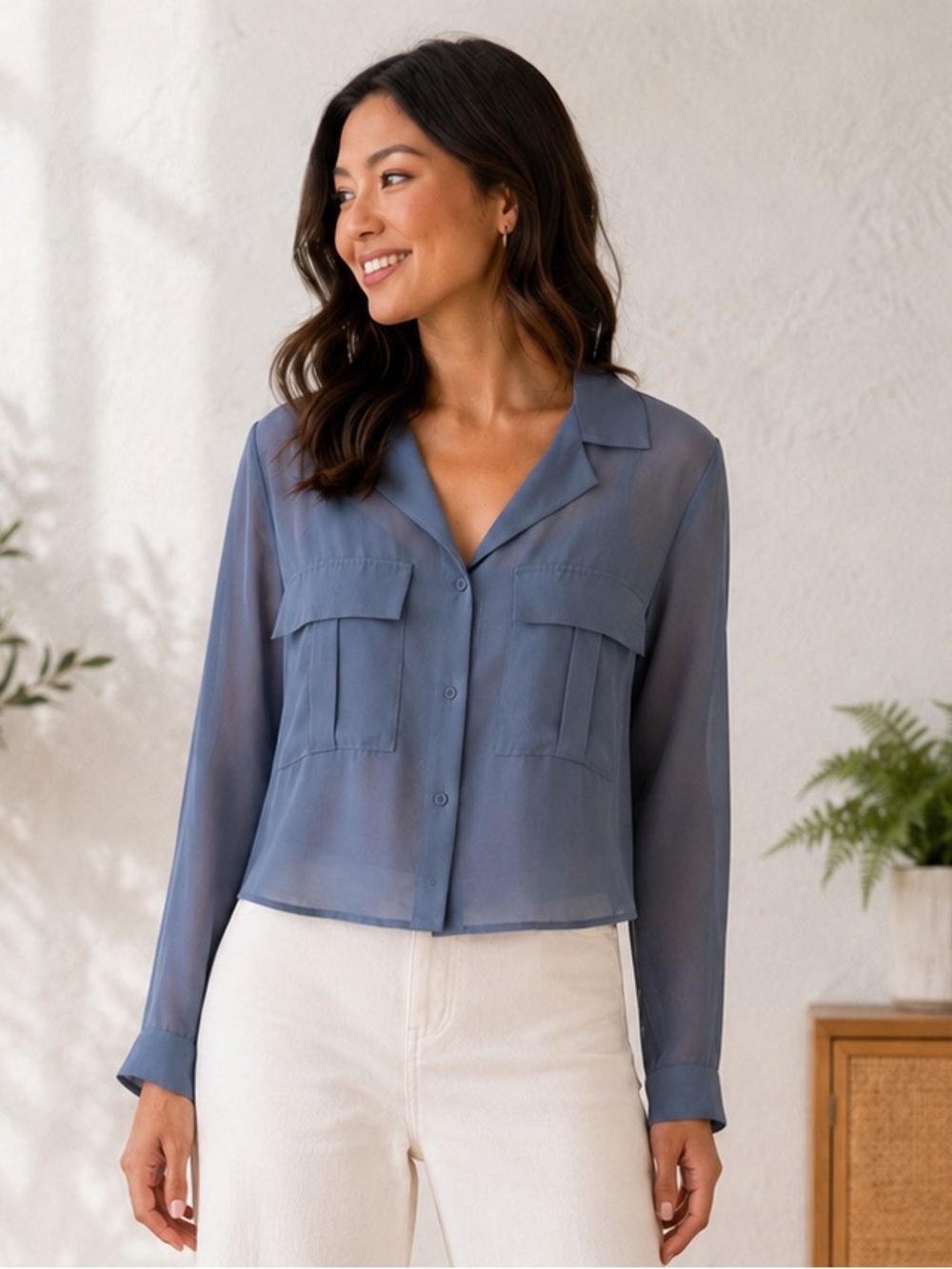 T Tahari Slate Blue Sheer Blouse